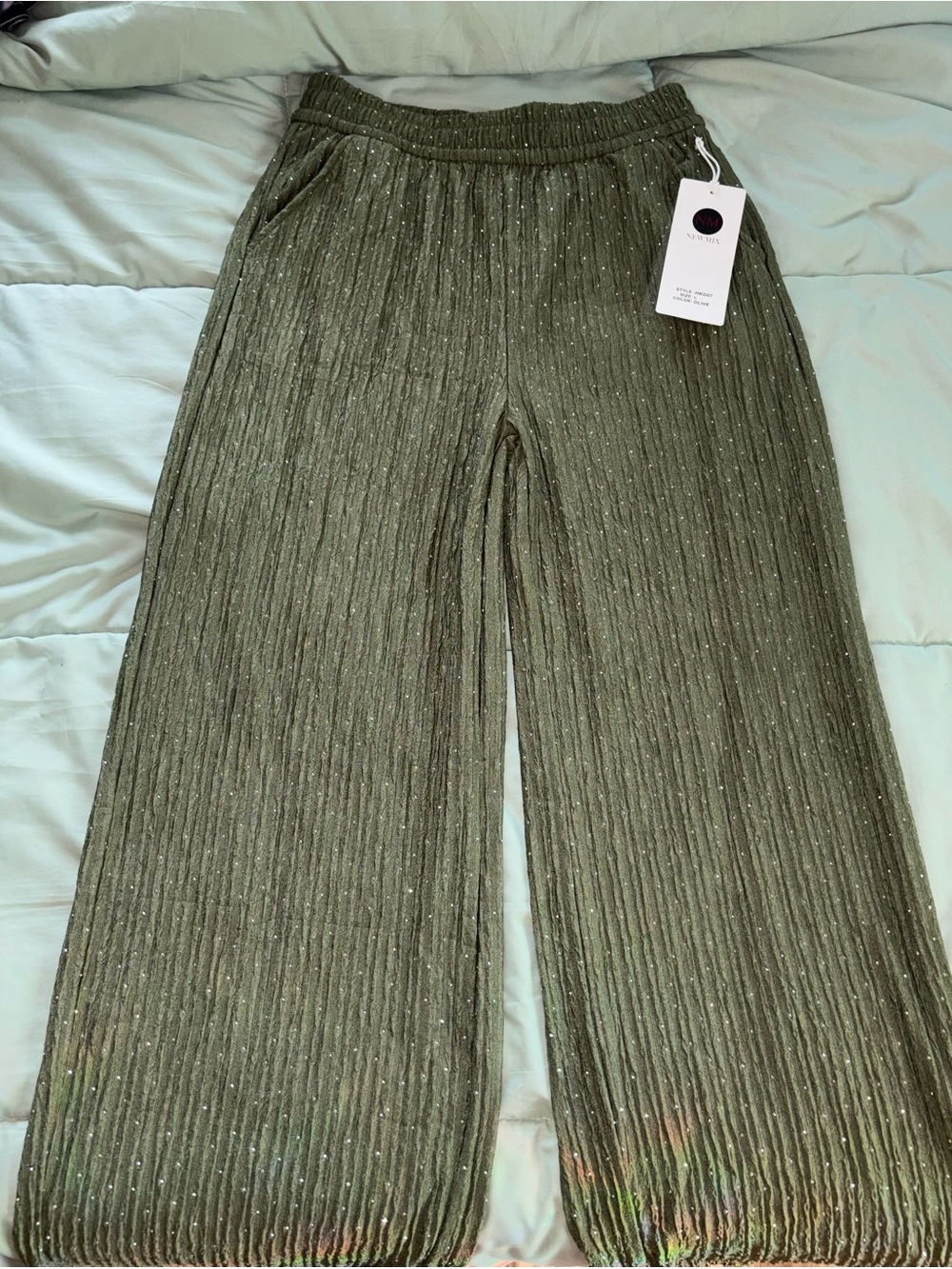 Olive Green Wide-Leg Pants with Sparkly Details